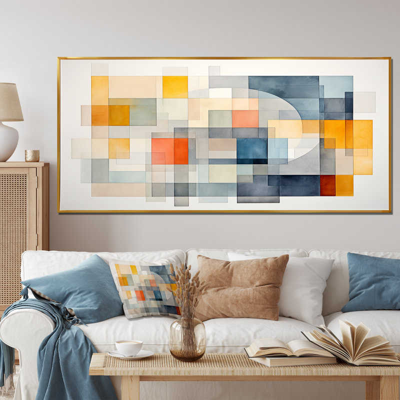 Multicolore cubes motifs IV - Art abstrait géométrique mural, Cadre flottant doré, H 28 po x l 60 po x P 1,5 po