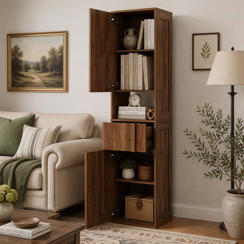 Grande armoire de rangement étroite en bois avec portes et tiroir pour l'organisation compacte du salon