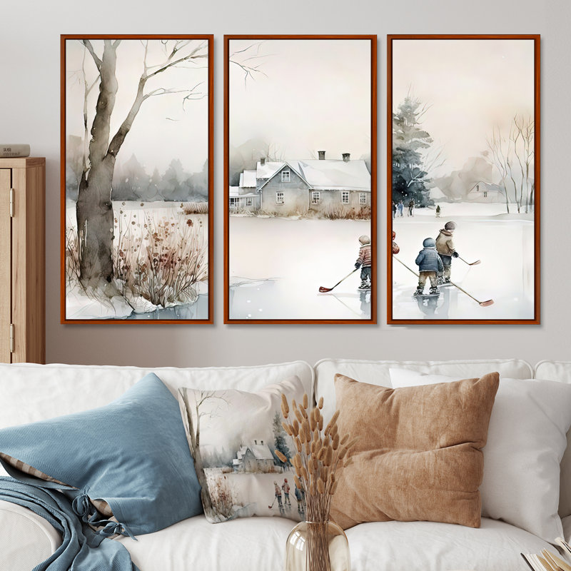 Enfants jouant au hockey en hiver II - ensemble d'art mural moderne sur toile, Cadre flottant noir, H 28 po x l 36 po