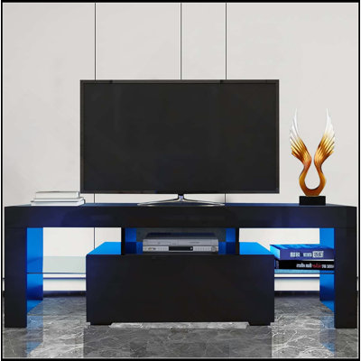 Meuble télé à DEL pour téléviseur de 55 po ou moins, meuble audio-vidéo moderne avec porte en duvet, tablette en verre et façade UV ultrabrillante, console télé pour le salon, la chambre à coucher, blanc