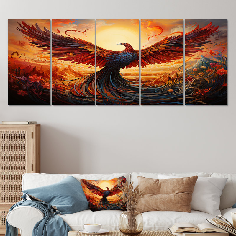 Resurgence Phoenix Rebirth II - Bird 5 Piece Wall Art Decor Set, 28" H x 60" W