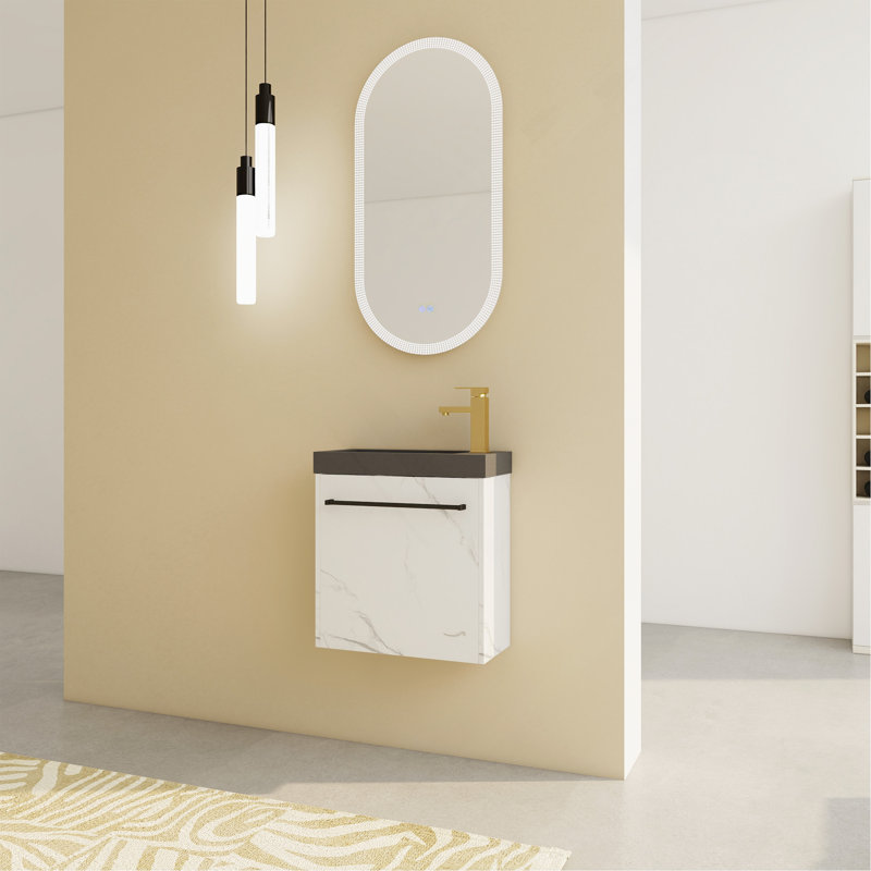 Meuble-lavabo mural flottant de 20 po avec lavabo en résine et porte d'armoire à fermeture en douceur, Blanc/Noir