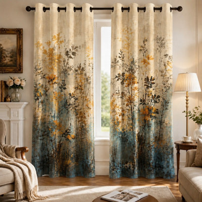 Ensemble de 2 rideaux occultants à imprimé floral abstrait, style impressionniste artistique, texture moderne inspirée de la nature, isolation thermique et occultante, parfaits pour la décoration du salon.