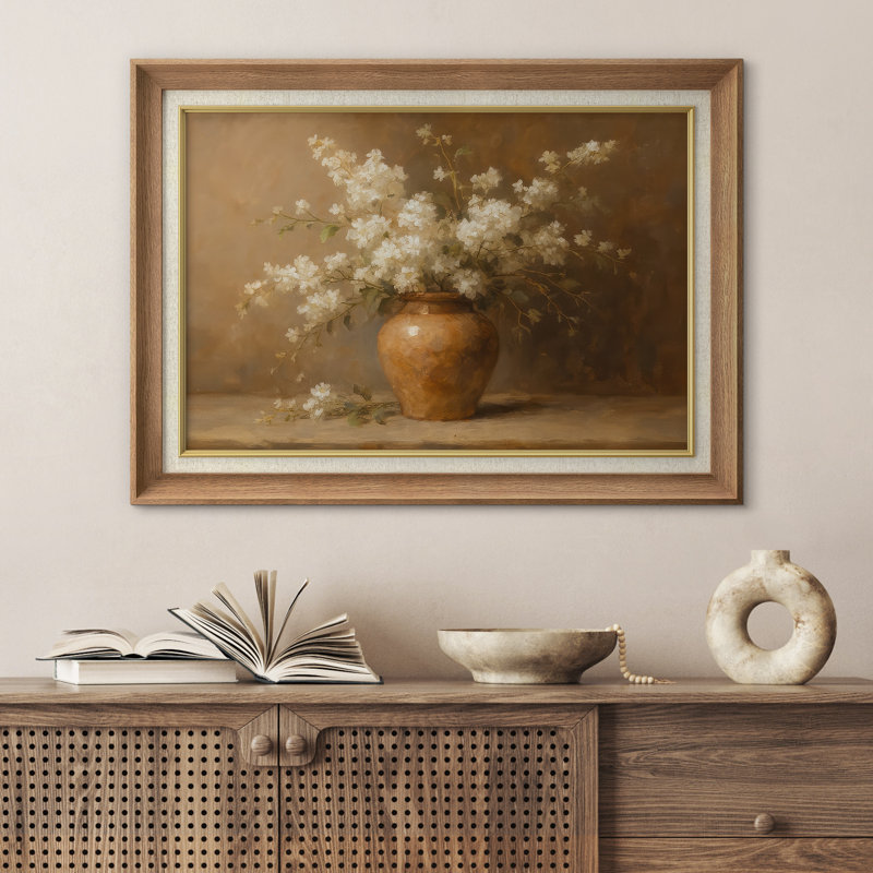 «White Blossoms in Rustic Brown Vase», reproduction d'art encadrée sur papier, H 36 po x l 26 po x P 1,5 po