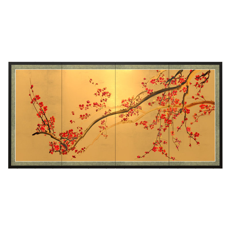 24" Plum Tree on Gold Leaf 4 Panel Room Divider, 36" H x 72" W x 1" D