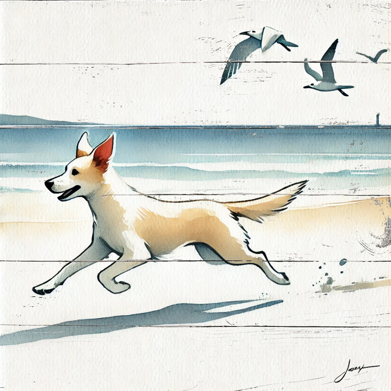 «Seaside Joy Dog», art mural sur toile tendue, H 20 po x l 20 po