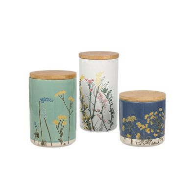 3-Pc Decorative Kitchen Canisters For Countertop, Storage Containers For Coffee, Sugar, Spice & Dry Food, White, Green, Blue; Ceramic Canister Set Wit