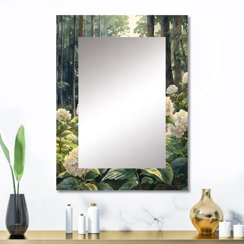 Hydrangeas par le bord de la forêt - grand miroir d'hortensia, décor de miroir mural traditionnel unique, impression d'art en métal