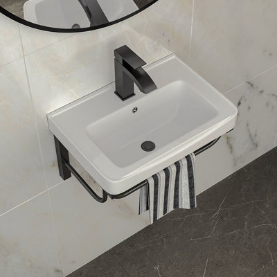 Lavabo de salle de bain mural rectangulaire en céramique 19,88 "X 14,25" avec barre à serviettes et trop-plein noir