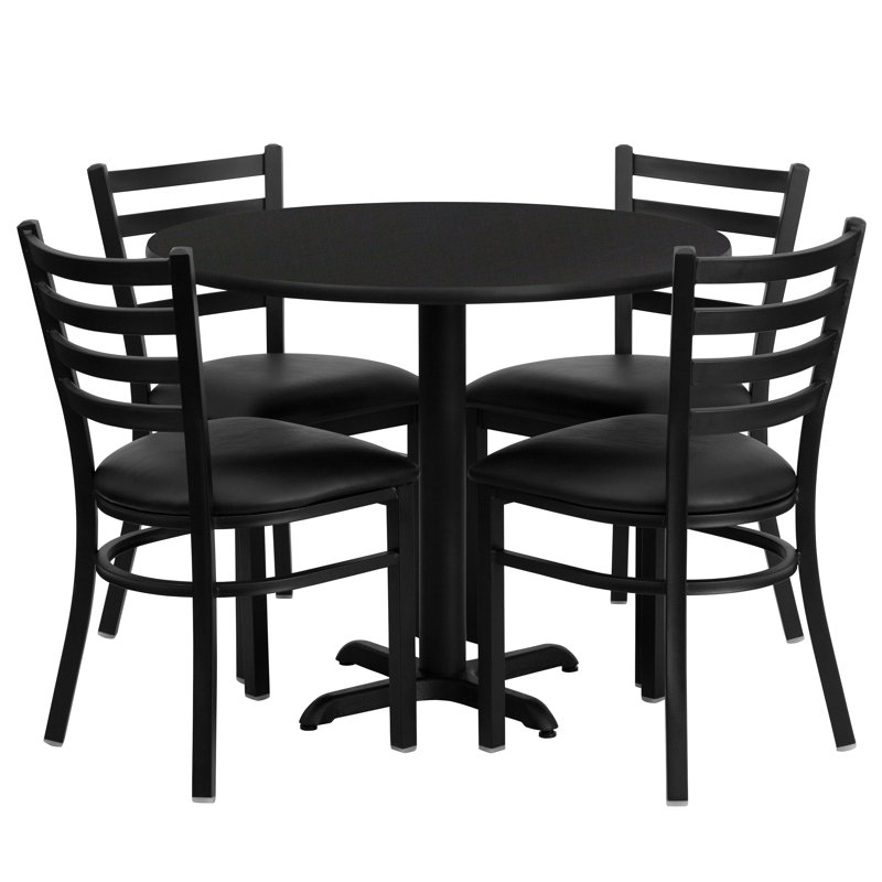 Ensemble de table ronde en stratifié 36 po avec base en X et 4 chaises en métal Jinnie, Similicuir noir, Bourgogne
