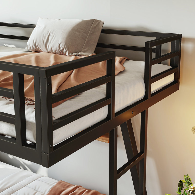 Lit superposé simple TG au-dessus de simple TG avec 2 échelles latérales, lit superposé en métal avec pieds de support spéciaux et lumière DEL, lit superposé à profil bas, noir