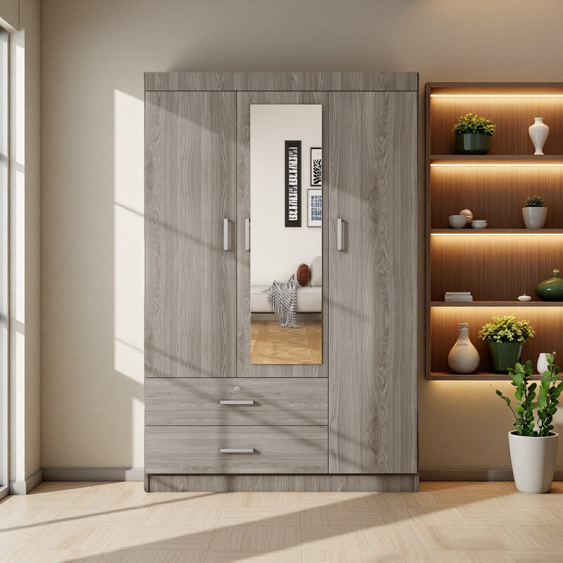Armoire à miroir 3 portes avec tablettes, Gris