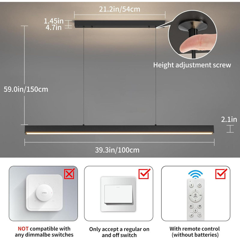 Luminaire suspendu moderne à DEL de 39 po pour luminaires suspendus avec télécommande 3000K 6500K à température réglable pour îlot de cuisine