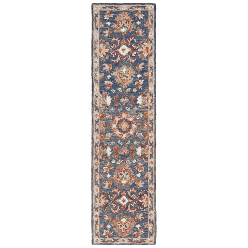 Tapis oriental en laine / coton touffeté à la main en blanc / brun / bleu, Tapis de couloir 2 pi 3 po x 9 pi