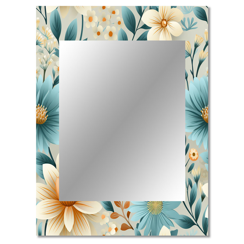 Zoran Blue Timeless Garden Flourish - botanical  Wall Mirror, Botanical Decorative Mirror, Printed Metal Art, 40" x 30"