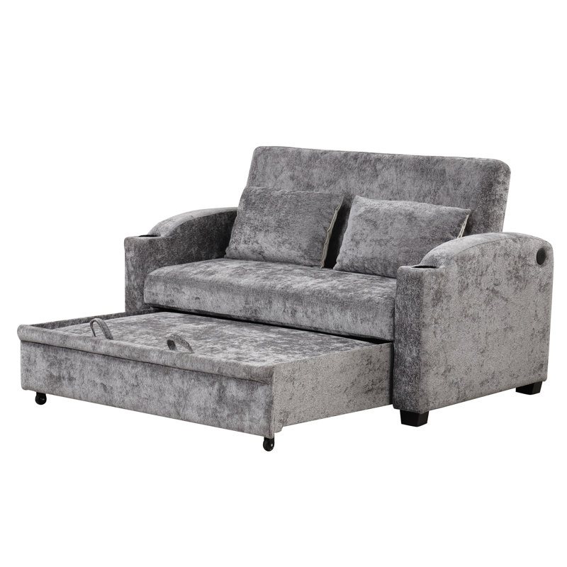 61.6" Pull Out Sofa Bed Modern Chenille Convertible Loveseat Sofa With Adjsutable Backrest, Grey