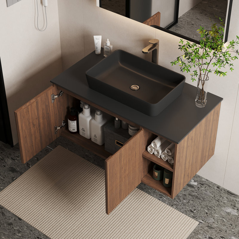 Meuble-lavabo simple avec comptoir en pierre frittée Dexheart, Bois brun, 30"