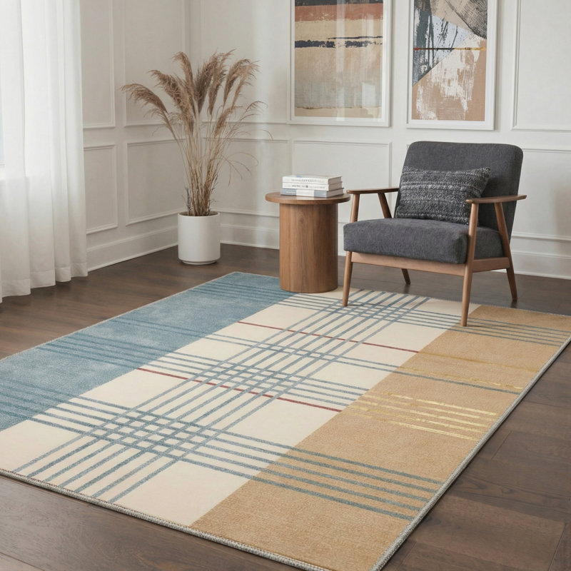 Vesper Modern Plaid Machine Washable Blue / Yellow / Beige Indoor Area Rug with Non-Slip Backing, Rectangle 5' x 7'