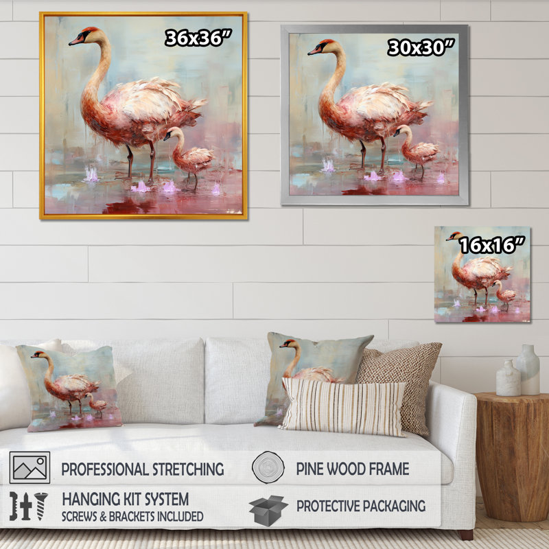 Rose et cygne en fleur - Art mural animaux cygnes, H 36 po x l 36 po
