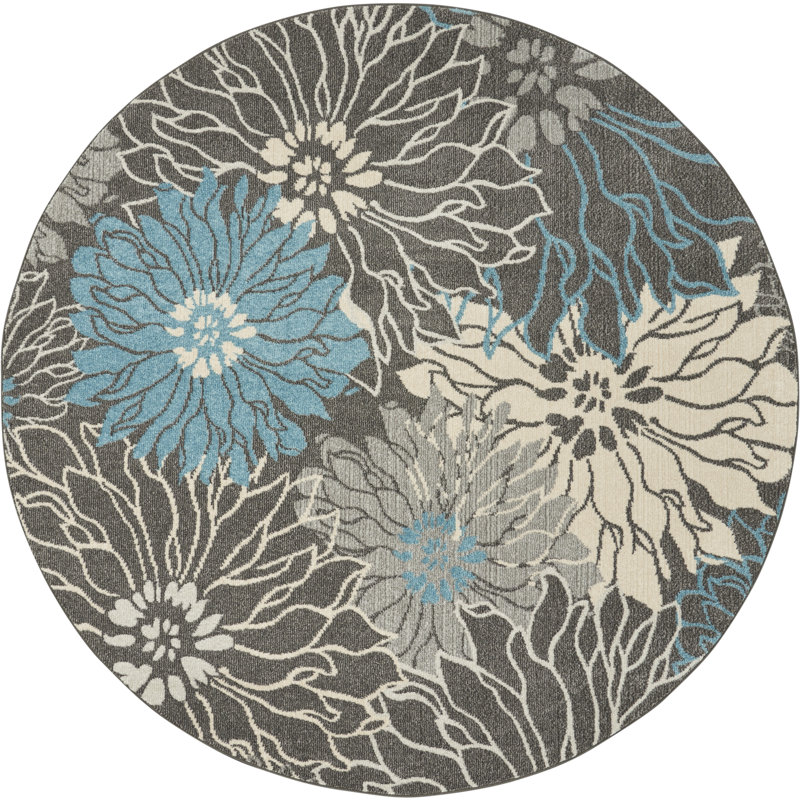 Tapis floral bleu / jaune en polypropylène tissé à la machine, Rond 8 pi