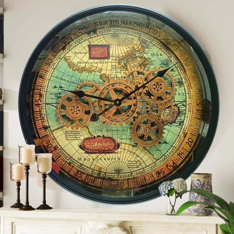 THE GEARS CLOCK Wall Clock with Real Moving Gears PO-LI_ 24 in Round BLACK-ANTIQUE
