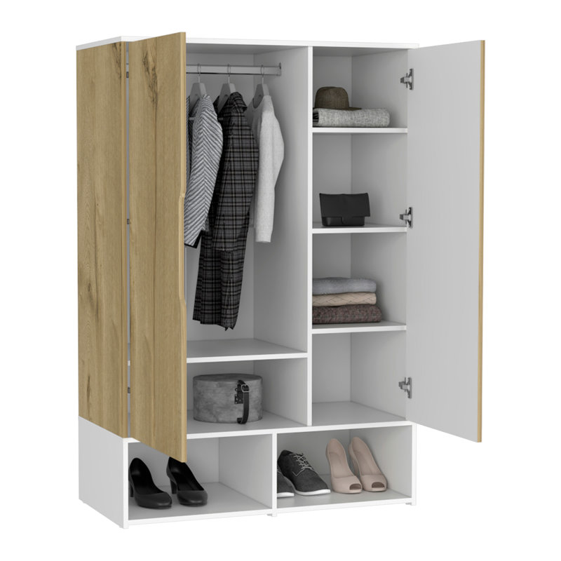 Armoire, armoires à deux portes, cinq tablettes, tringle, deux tablettes ouvertes