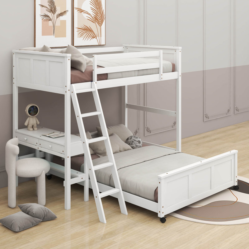Lit superposé en bois Icaro avec bureau et tiroirs, échelle, Simple sur double, Blanc