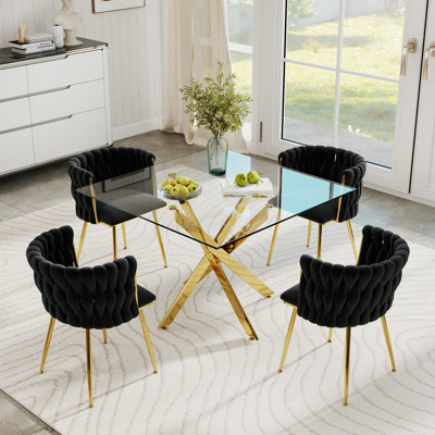 Square Pedestal Dining Set with Woven Dining Chair
