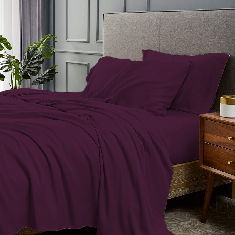 Ensemble de draps 4 pièces en rayonne de bambou, Aubergine, Ensemble de draps pour lit simple avec deux taies 