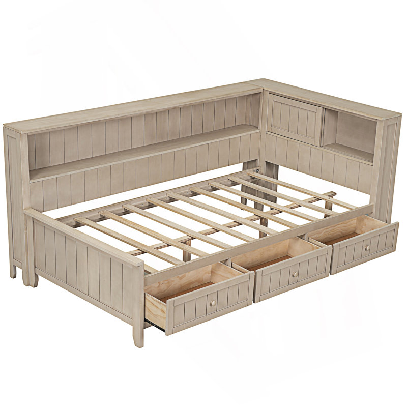 Lit de jour simple avec tablettes de rangement et 3 tiroirs, lit de jour, Lit simple