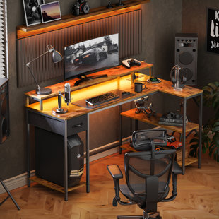 Coolbrook Gaming Desk with LED Lights, L-Shaped  Desk with Power Outlets, Computer Desk with Drawers, Writing desk with Storage, Home Office desk with Monitor Stand, L Desk with Shelves