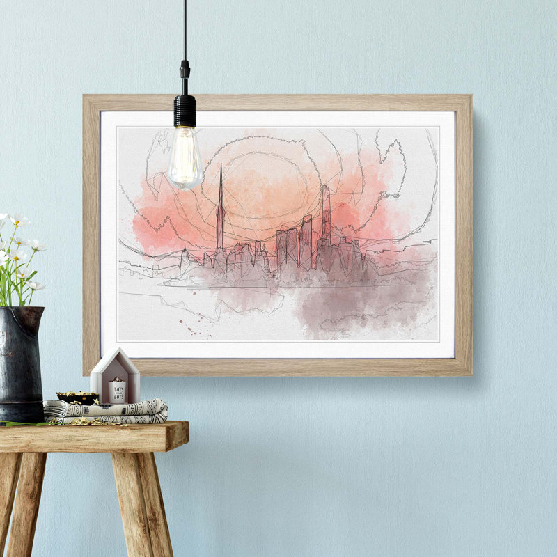The Shanghai China Skyline in Abstract - Picture Frame Graphic Art Print, 60cm H x 91cm W x 2cm D, Oak