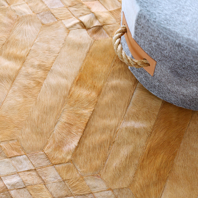 Cowhide Geometric Area Rug in Cognac, Rectangle 9’ x 12′