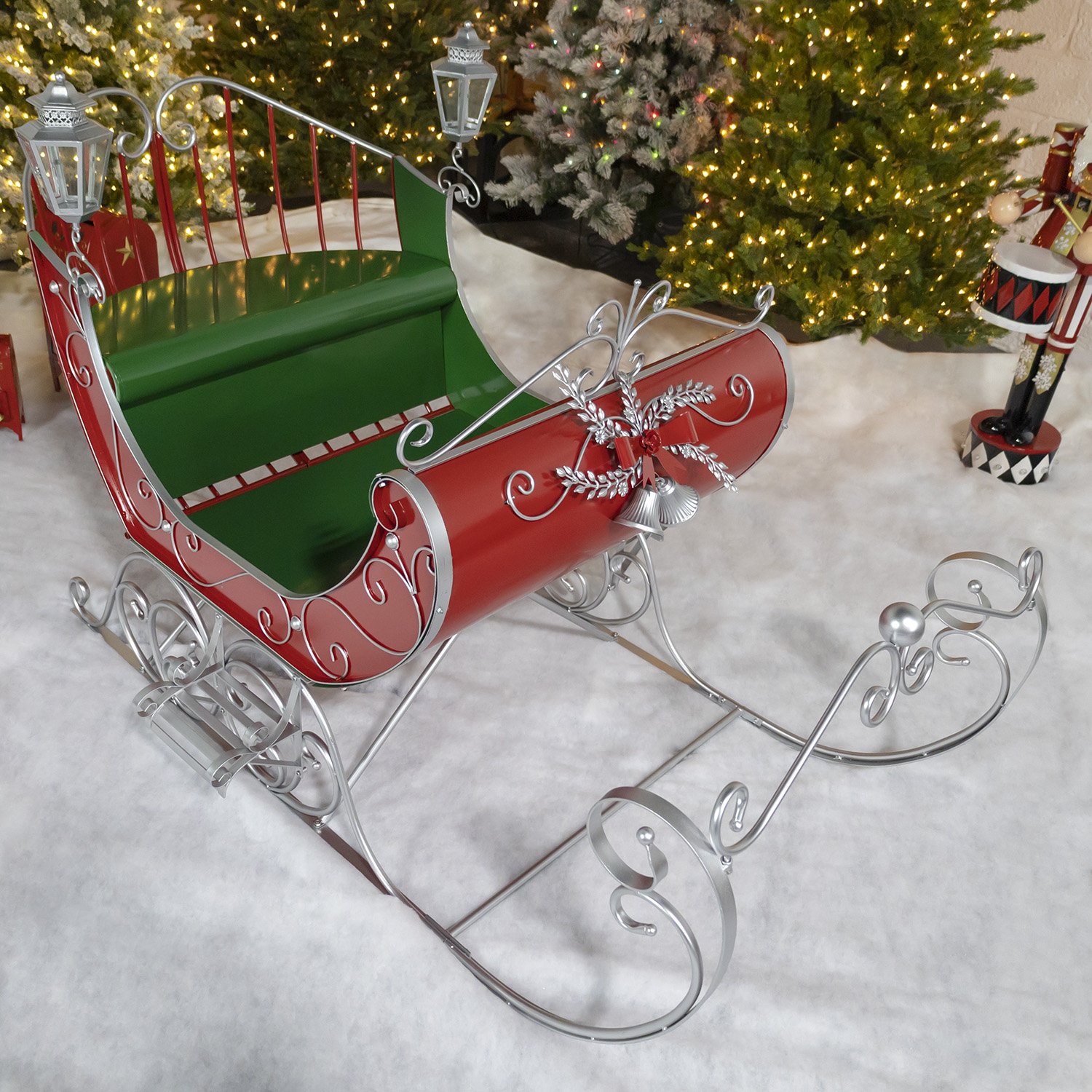 Large Victorian Christmas Sleigh Lawn Art, Red/Green/Silver