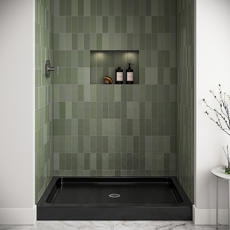48 in. x 32 in. Alcove Acrylic Shower Base in Glossy Black With Center Drain, Drain Included, Glossy Black