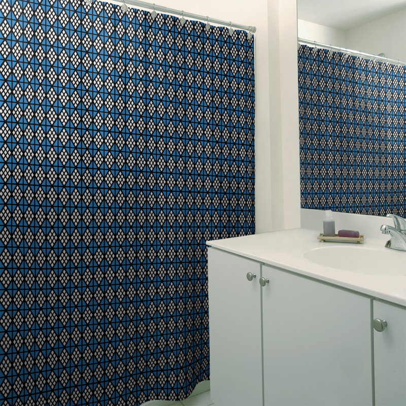 Rideau de douche simple hexagonal classique, Diamond and Lattice, Blue Geometric 1