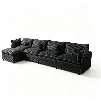 150" Wide Modern L-Shaped Modular Corduroy Sectional Sofa With Chaise Lounges & Throw Pillows, Deep Seat Oversized Cloud Sofa