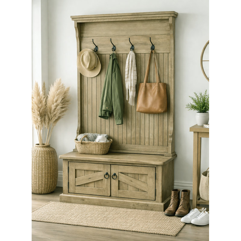 Arbre d'entrée en bois massif Kinley avec banc et rangement pour chaussures, Vert rustique