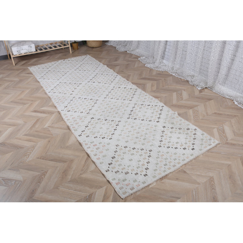 Vintage Turkish Kilim Runner Enhances Kitchen with Beige Oriental Designs and Farmhouse Aesthetic