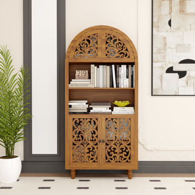 Arched Carved Wood Cabinet with Open Shelf