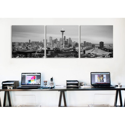 « seattle horizon cityscape evening 3 », ensemble de 3 reproductions de photos sur toiles tendues en noir et blanc
