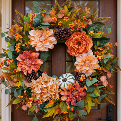 24 Inch Fall Wreaths for Front Door Decor with Pumpkins for Thanksgiving