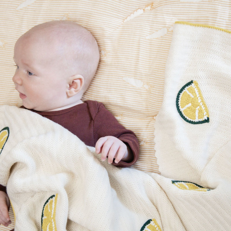 Clementine Lemon Embroidered Knit Baby Blanket