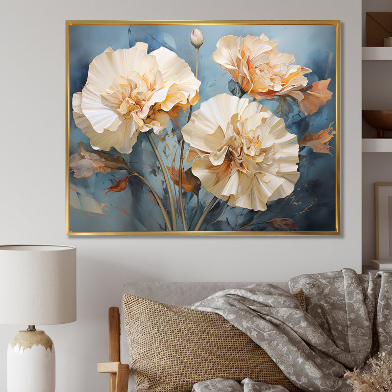 Arrangement d'œillets beige II - décoration murale œillets, H 30 po x l 40 po x P 1,5 po, Cadre flottant doré