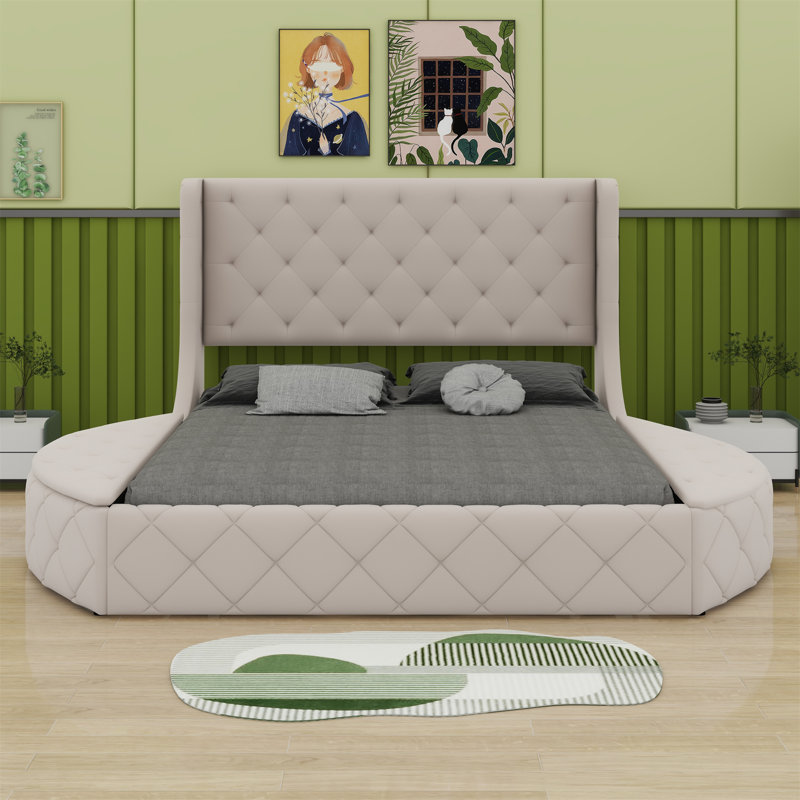 Lit plateforme tapissier avec tête de lit à oreilles et 1 grand tiroir, 2 tabourets de rangement latéraux, Beige