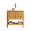 Meuble-lavabo autoportant SHARMA 30 po avec lavabo, comptoir en pierre frittée, armoire en contreplaqué avec portes texturées en bambou et étagère ouverte, blanc de Carrare/bois naturel