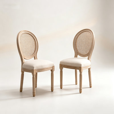 French Oval Rattan Back Linen Upholstered Solid Wood Dining Chair Set of 2, Beige Modern Farmhouse Accent Side Chair