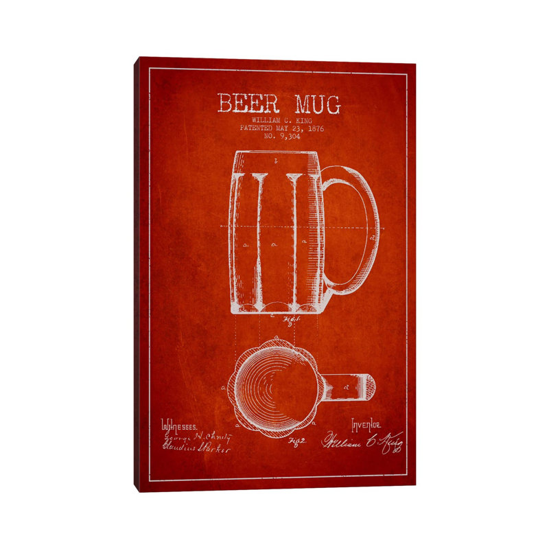 Beer Mug Red Patent Blueprint 1 Piece Wall Art on Canvas, 30.48cm H x 20.32cm W