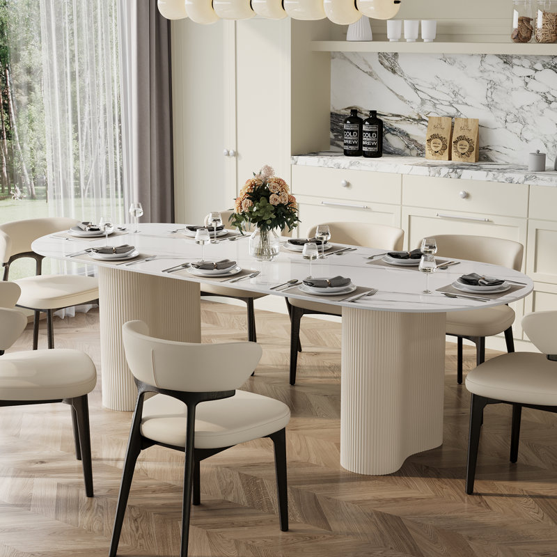 78" Luxury Faux Marble 6- 8 People Oval Dining Table, Double Roman Column White Legs Modern Minimalist Kitchen Table for Living Room Dining Room