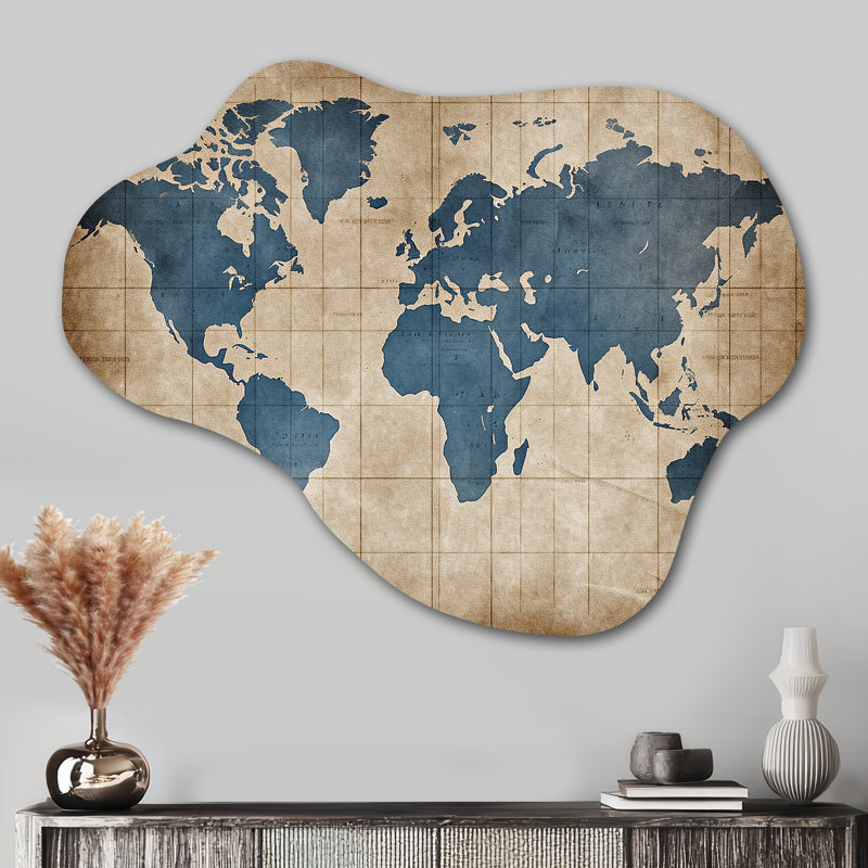 Ancienne carte du monde II - carte du monde asymétrique, décoration murale sculpture en métal nuage